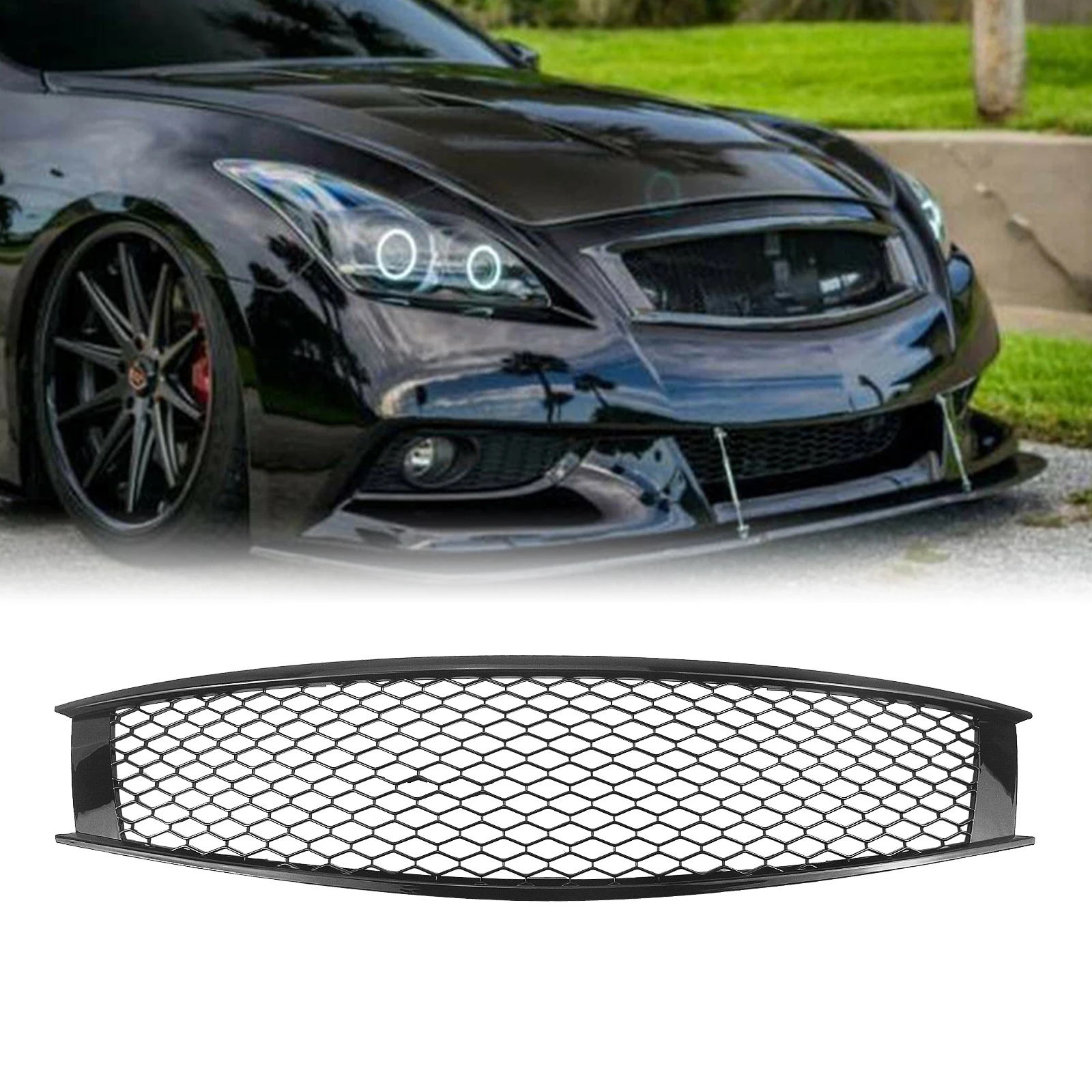 

Сменная решетка-гриль для Infiniti 2008-2013 G37, 2 двери, глянцевый черный сотовый вид, передний бампер автомобиля, фотоэлемент, Центральная сетка