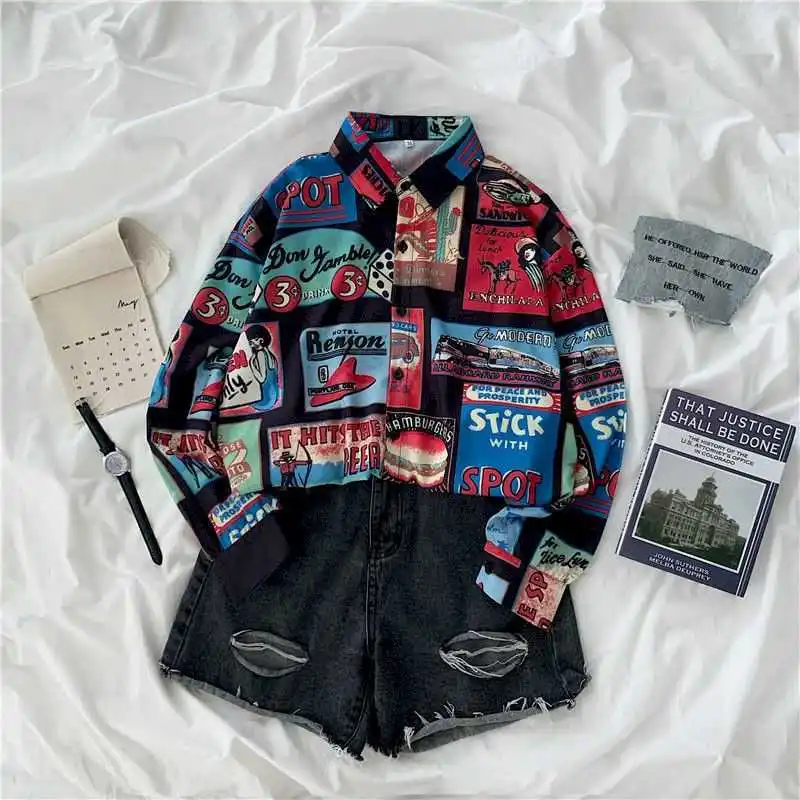 

2021 Spring Women Loose Long Sleeve Shirt Casual Fashion Tops Blouse Korean Vintage Style Harajuku Goth Flower Retro Clothes