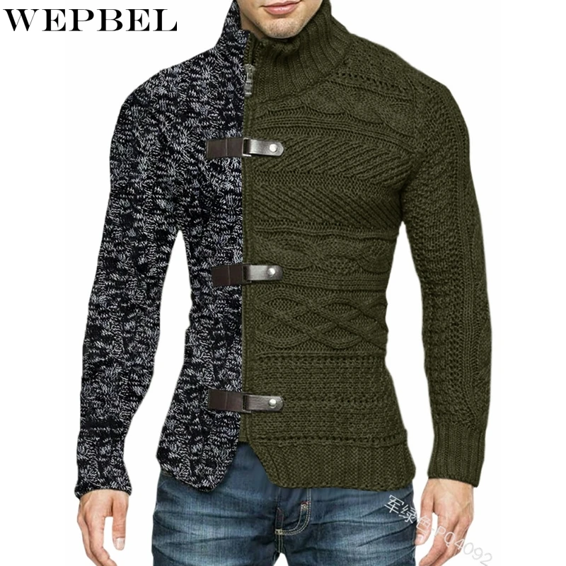 

Свитер WEPBEL, осенне-зимний Однотонный свитер на молнии и пуговицах, мужская повседневная Водолазка с длинным рукавом, облегающий свитер