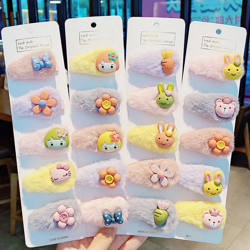 

5PCS/Set Winter New Girls Cute Cartoon Soft Plush Hairpins Kids Sweet Hair Clips Headband Barrettes Fashion Hair Accessories