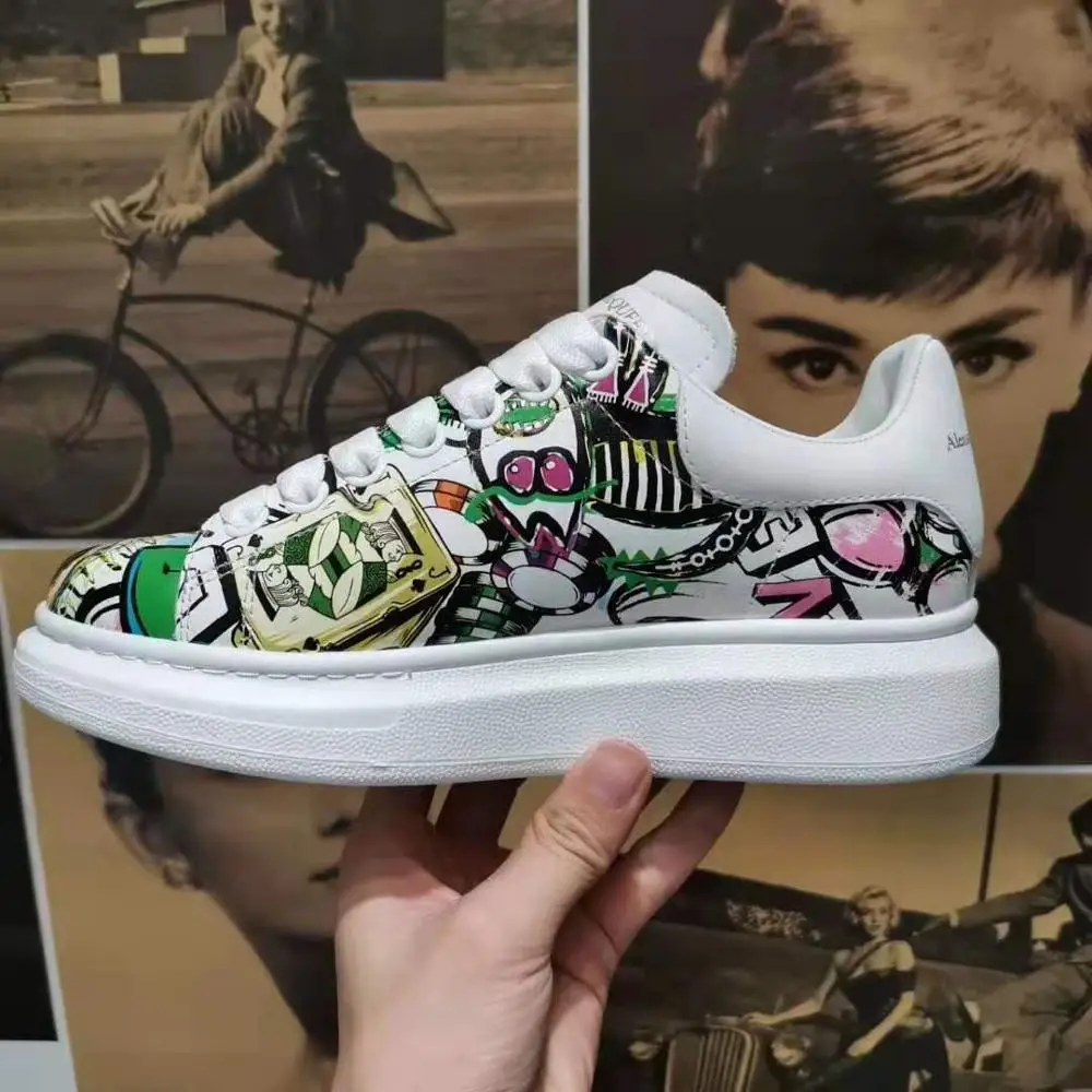 

Spring Autumn Genuine Leather Women Casual Shoes Luxury Brand 2019 Mens graffiti Sneakers Breathable Lace up Mens Sports Shoes