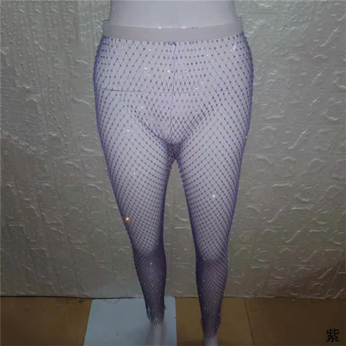 Purple Ажурные блестящие стразы, прозрачные Лоскутные Длинные штаны, Летние черные белые сексуальные женские облегающие Клубные вечерние Брюки - Color: Purple