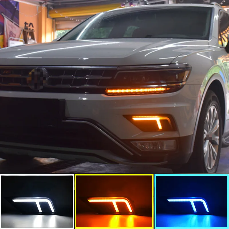 

1 пара автомобильный светильник для Volkswagen VW Tiguan 2017 2018 2019 DRL Дневной ходовой светильник с желтым сигналом поворота противотуманной фары