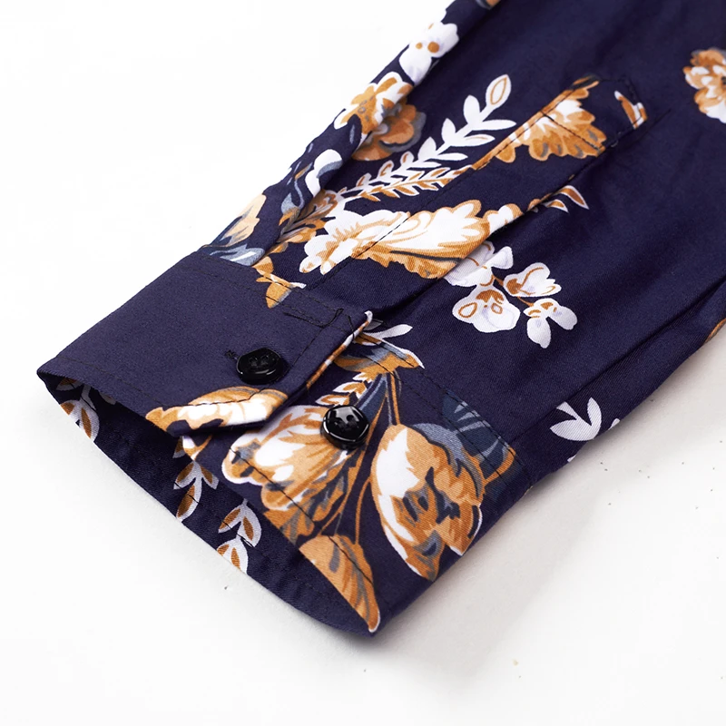 Мужская дышащая рубашка с длинным рукавом синяя приталенная и золотым цветочным