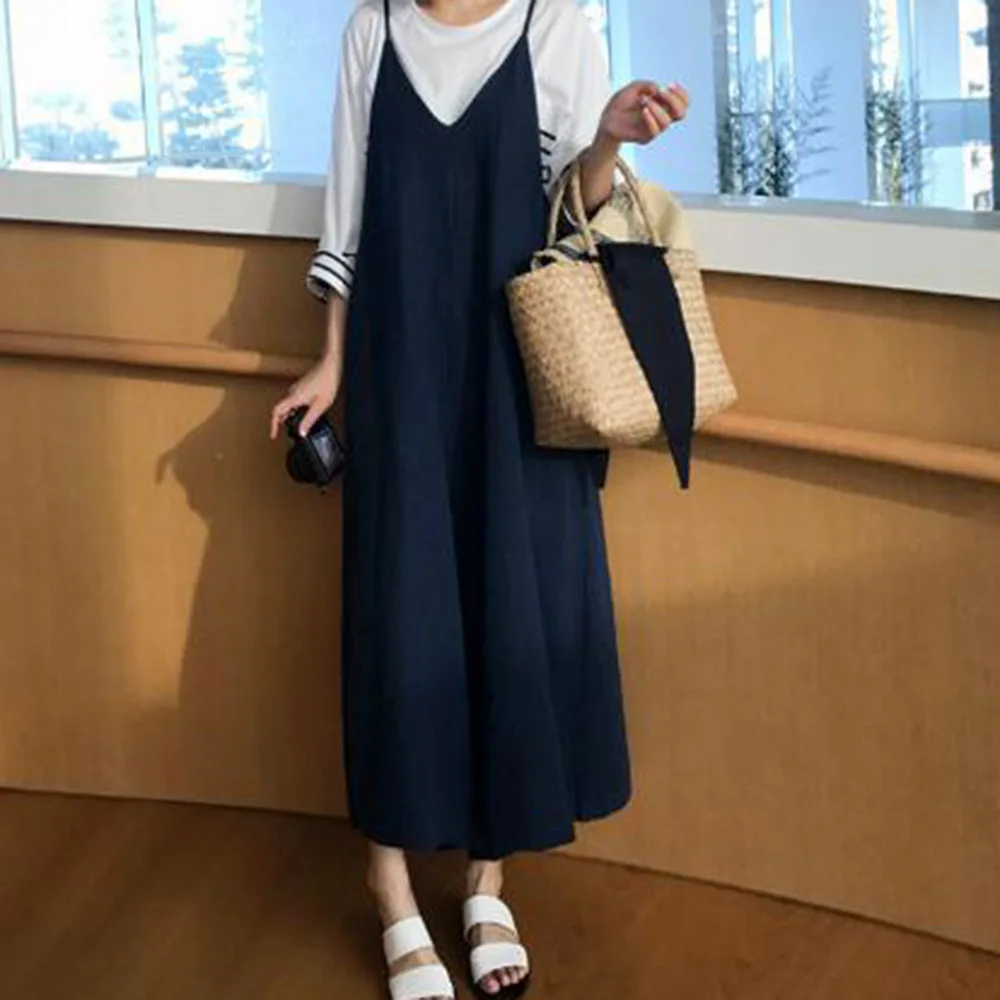 

Женский льняной комбинезон на бретельках, повседневный Свободный комбинезон большого размера с широкими штанинами в корейском и японском ...