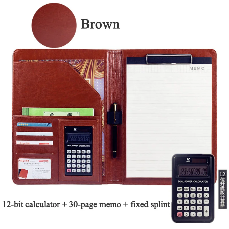 Brown with memo A4 PU блокнот файл Материал менеджер escolar Document клип Папка Бизнес офис портфель сумка калькулятор пластина зажим карты ручка - Цвет: Brown with memo