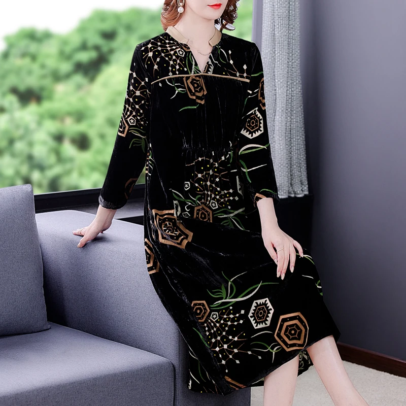

Spring Autumn Black Print Velvet Elegant Midi Dress 2023 Casual Office Lady Dress Women Bodycon Korean Vintage Long Sleeve Robe