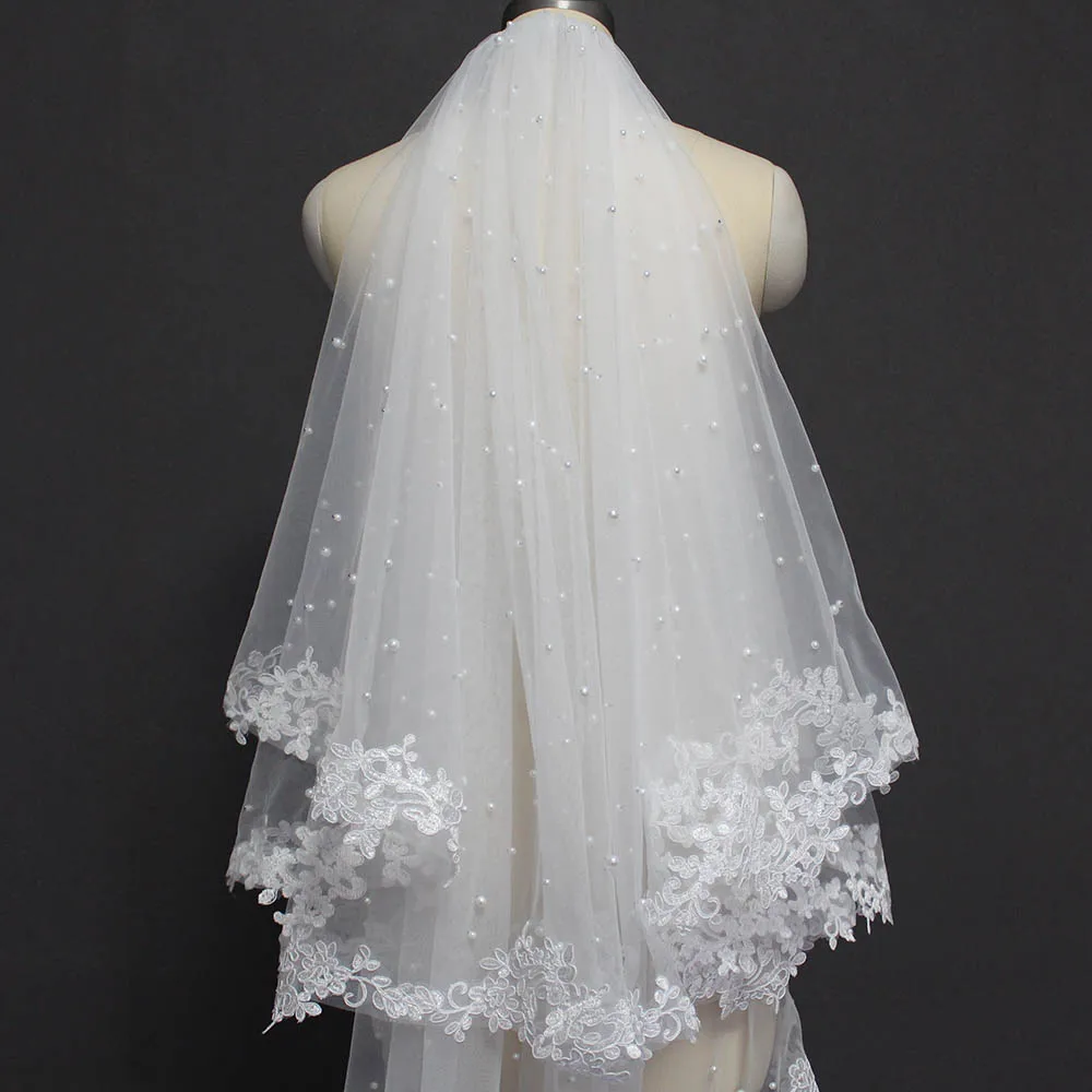Pearls Wedding Veil with Lace 2 Layers Cover Face Bridal 3.5 Meters Long Blusher Accessories | Свадьбы и торжества
