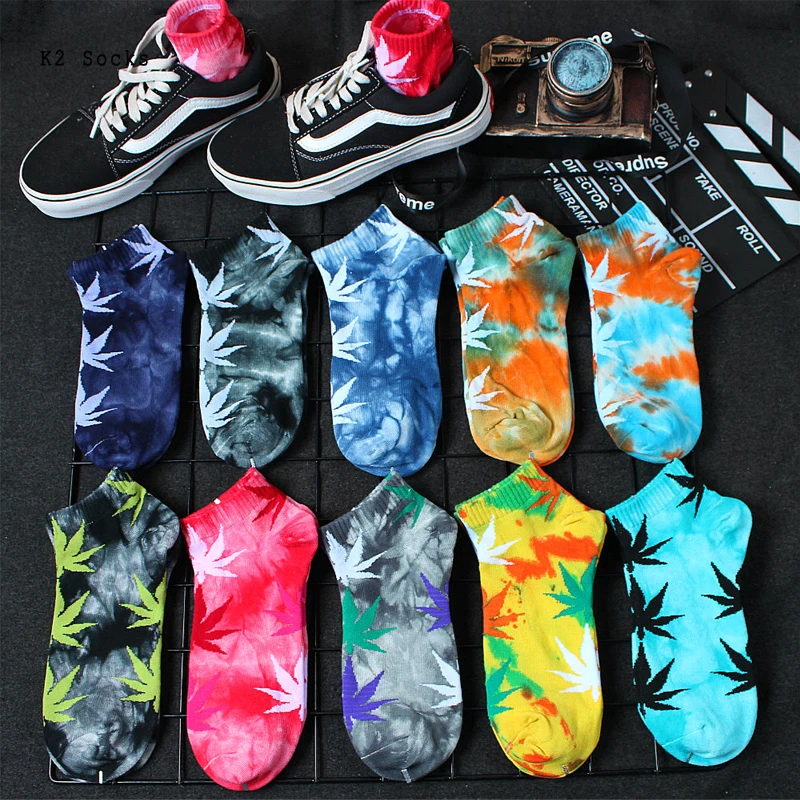 

New Fashion Maple Leaf Tie-dye Short Socks Cotton Couples Colorful Skateboard Summer Happy Funny HipHop Soft Men and Women Socks