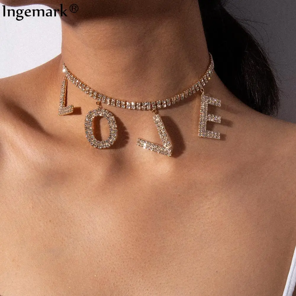 

Luxury Crystal Love Letter Choker Necklace for Women Collar Femme Statement Punk Rhinestone Chain Necklace Couple Gothic Jewelry