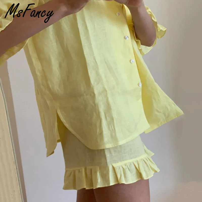 msfancy summer shorts sets women cotton 2 piece set 2021 mujer stand collar shirt half sleeve vintage pajamas suit free global shipping