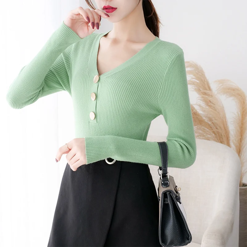 

Женский трикотажный свитер с V-образным вырезом, с длинным рукавом