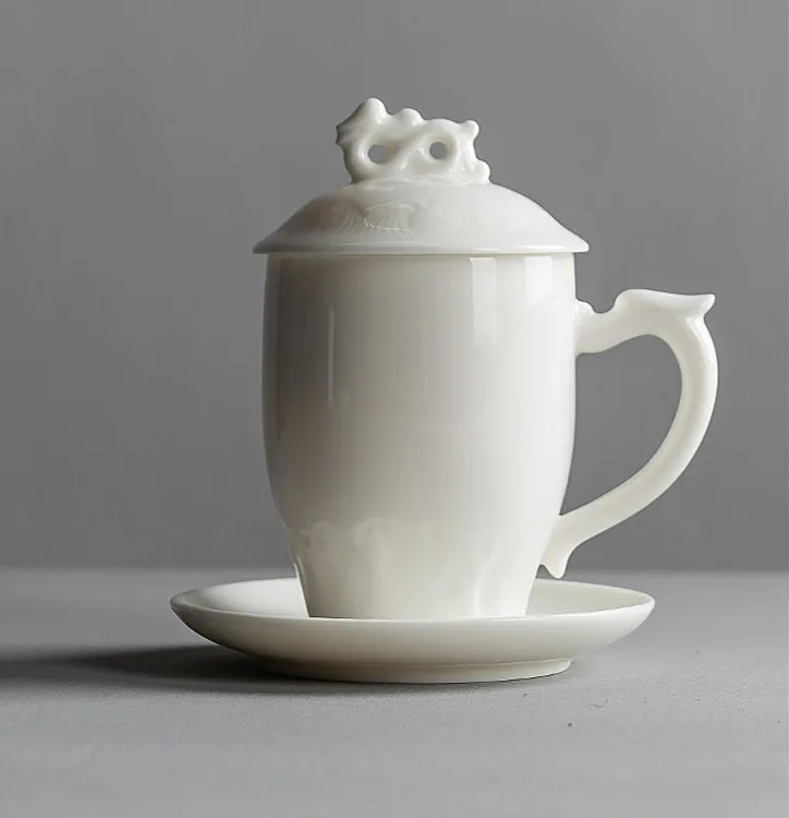 

White Porcelain Mug Ceramic Cup White Dragon-Phoenix Cup Office Meeting Water Cup with Lid White Jade Tea Cup