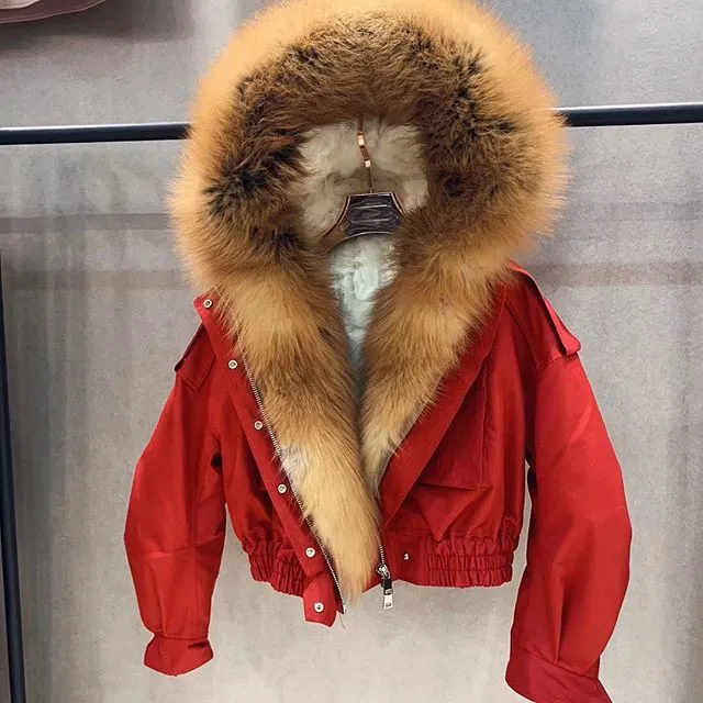 Женская парка пальто короткая куртка пилота укороченная с меховым воротником
