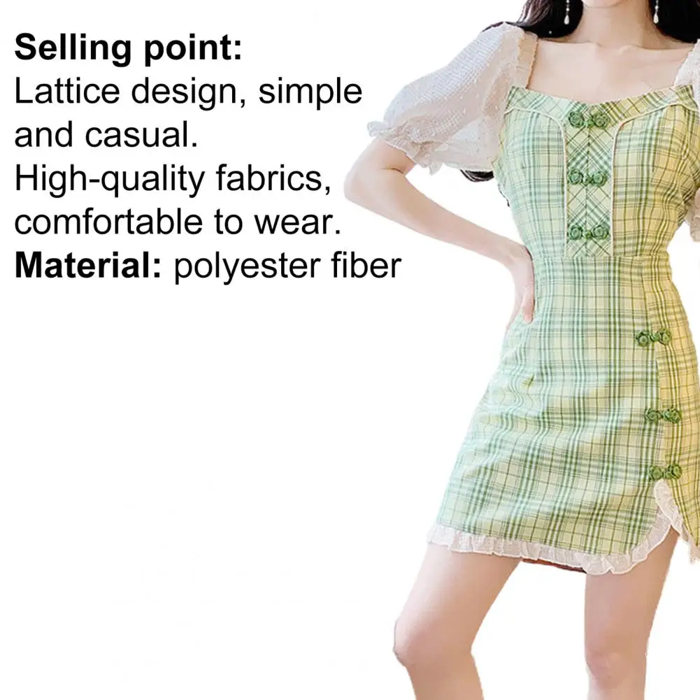 

2021 Mini Dress Puff Sleeve Plaid Women Square Neck A Line Skirt for Dating Daily Wear Or Travel