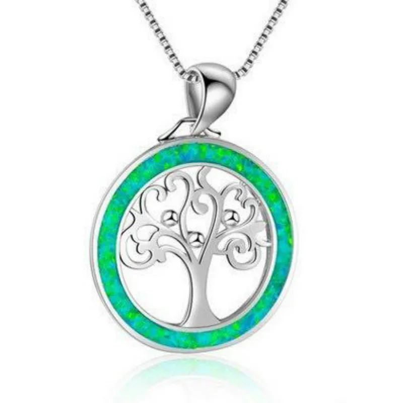 Женское колье с подвеской Древо жизни маленькое голубым опалом серебряного