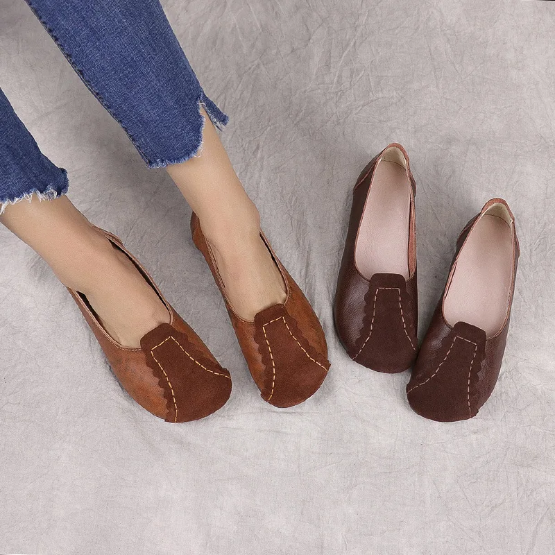 Женская Винтажная обувь ручной работы из полированной кожи с мягкой подошвой |