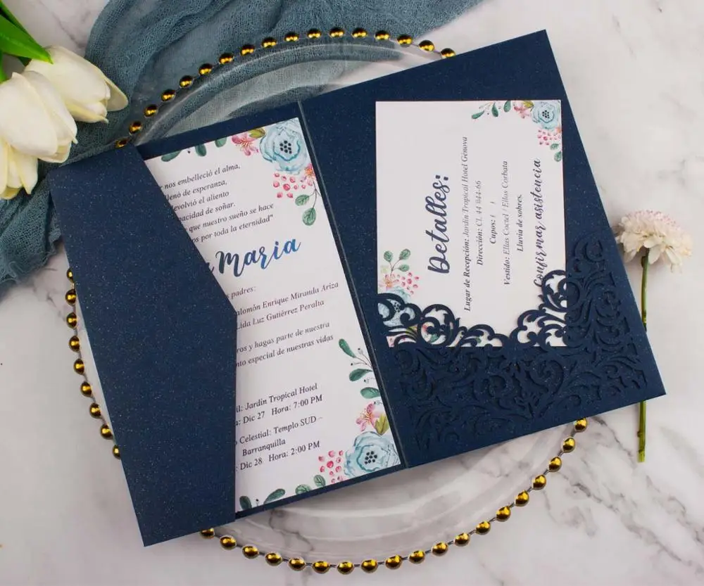 pearl dark navy blue Прямая 50X Золотой/темно-синий лазерная резка Три-складные свадебные пригласительные карты набор Персонализированные карманные пригласительные индивидуальные RSVP - Цвет: pearl dark navy blue