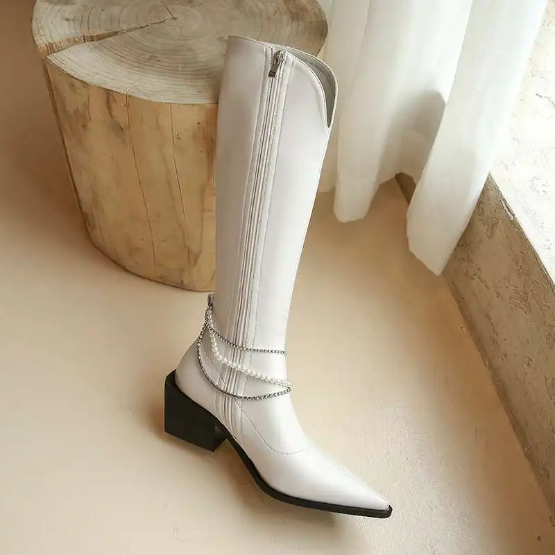 

Krazing pot pointed toe high heel Chelsea boots pearl chain decoration princess style pretty girls dating knee-high boots L61