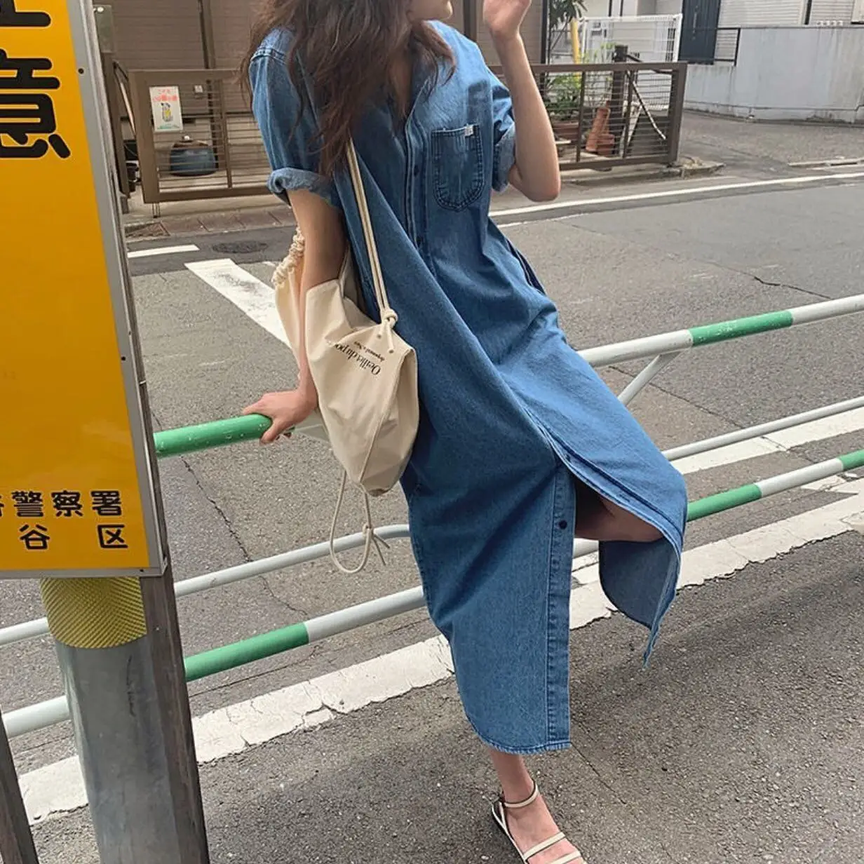 

FY001 Spring Summer Vintage Streetwear Casual Dresses Single Breasted Short Sleeve Turn Down Collar Long Denim Dress