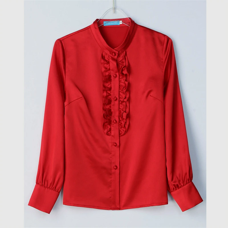 

LIBERJOG Women Shirt Solid Color Lotus Leaf Edge Satin Long Sleeve Occupation Elegant Blouse Spring Autumn Female Tops