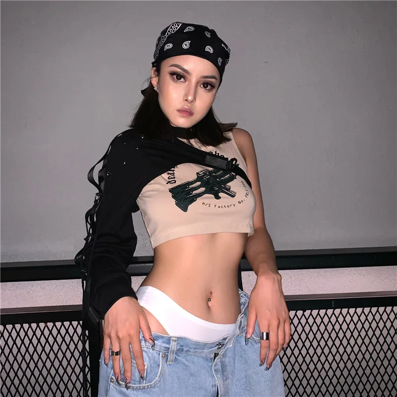 Топ женский в готическом стиле жилет с одним рукавом и ремнем для танцев хип-хоп