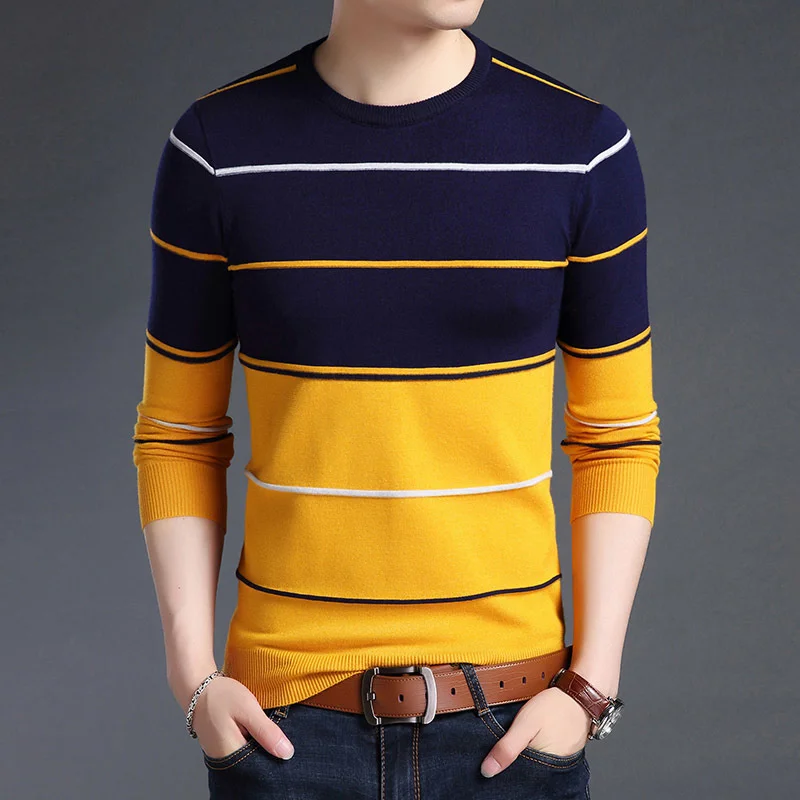 

Sweater Striped 2021 Mens Pullover Fashion Slim Brand Fit Jumpers Knitred Woolen Autumn Korean Style Casual Men Clothes Hombre