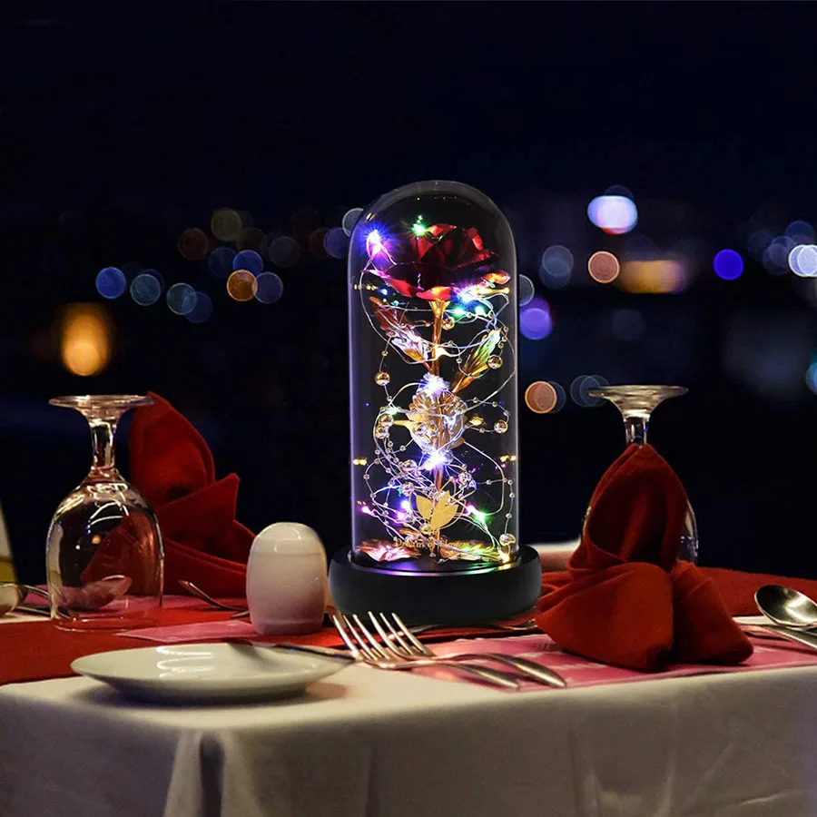 

2020 LED Enchanted Galaxy Rose Eternal 24K Gold Foil Flower With Fairy String Lights In Dome For Christmas Valentine's Day Gift