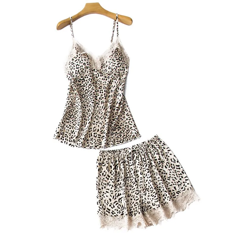 

Sexy Printed Leopard Pajamas Set Female Sleepwear Spring Summer Nightwear Casual Loose Home Clothes Silky Satin Kimono Bathrobe