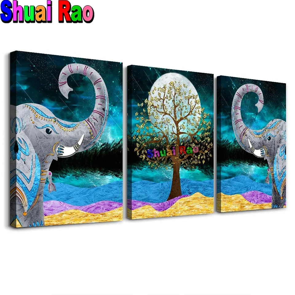 

Blue abstract Elephant landscape Diamond embroidery 5d diy diamond painting Full square drill mosaic Navidad christmas 3 Pcs/set