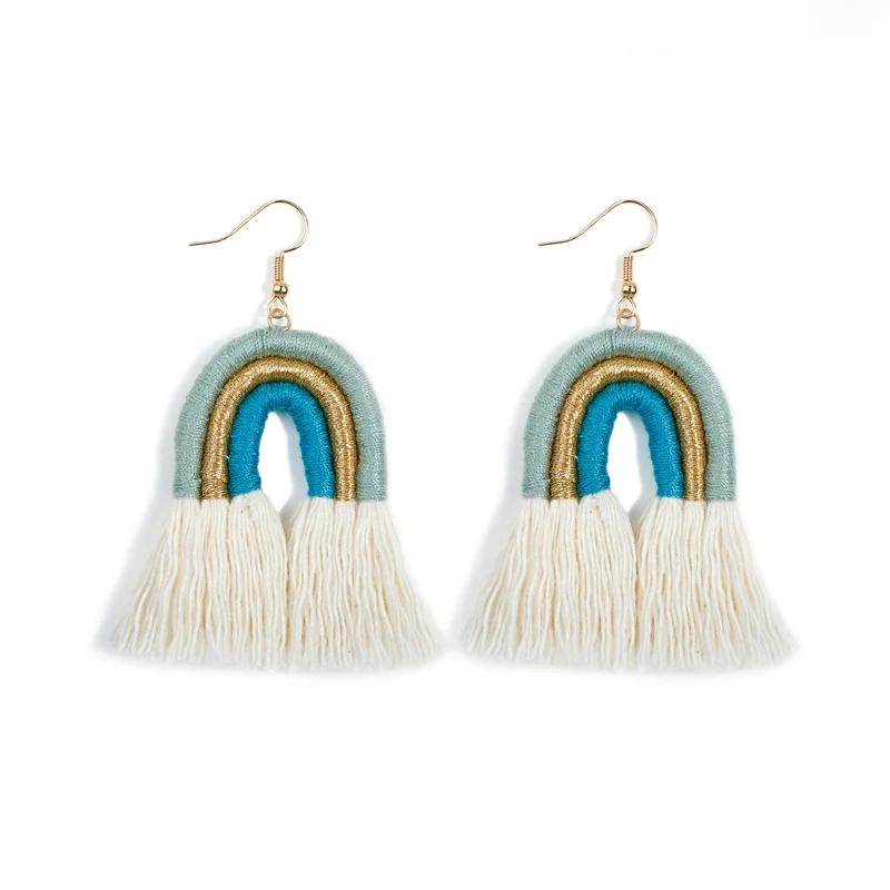 

2021 new rope braided tassel bohemian earrings custom rainbow hand-woven retro European and American earrings