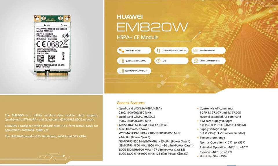 3G модуль HuaWei EM820W GSM WCDMA беспроводная WWAN мини PCI-E карта HSPA + 21 Мбит/с Совершенно новая
