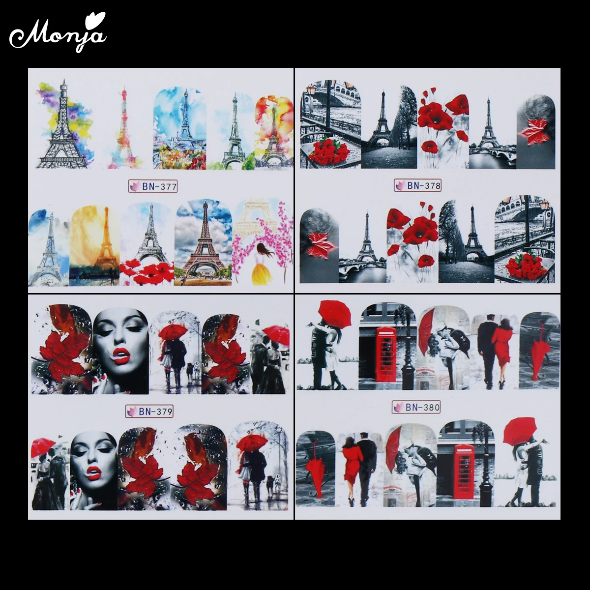 Наклейки для дизайна ногтей Monja 12 листов переводные наклейки клен Эйфелева башня