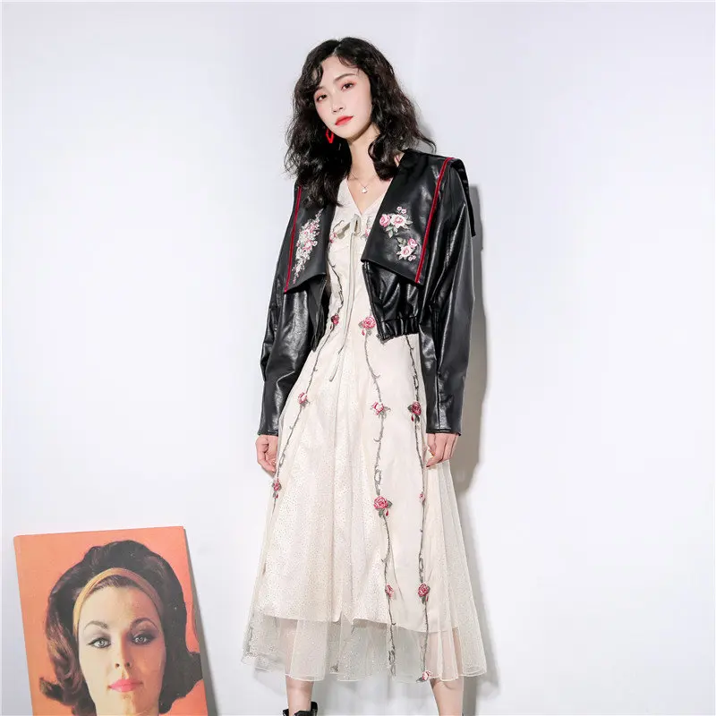 

HziriP Hot Chic Starsky Embroidered Navy Collar 2020 Black Large Size High Waist Streetwear High Quality Loose Leather Jacket