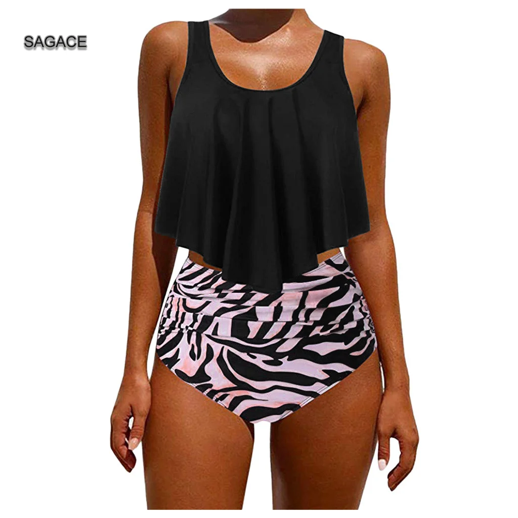 

SAGACE 2-Piece Ruffled Bikini Set Women Summer Split Swimsuit Sexy Print Swimwear Lady 2020 New Holiday Beach biquini suit A423