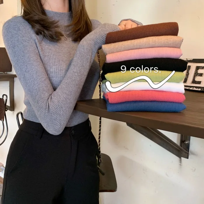 

Новинка весна-осень 2021 в Корейском стиле однотонная облегающая Облегающая водолазка средней длины Базовый стиль свитер с длинными рукавам...