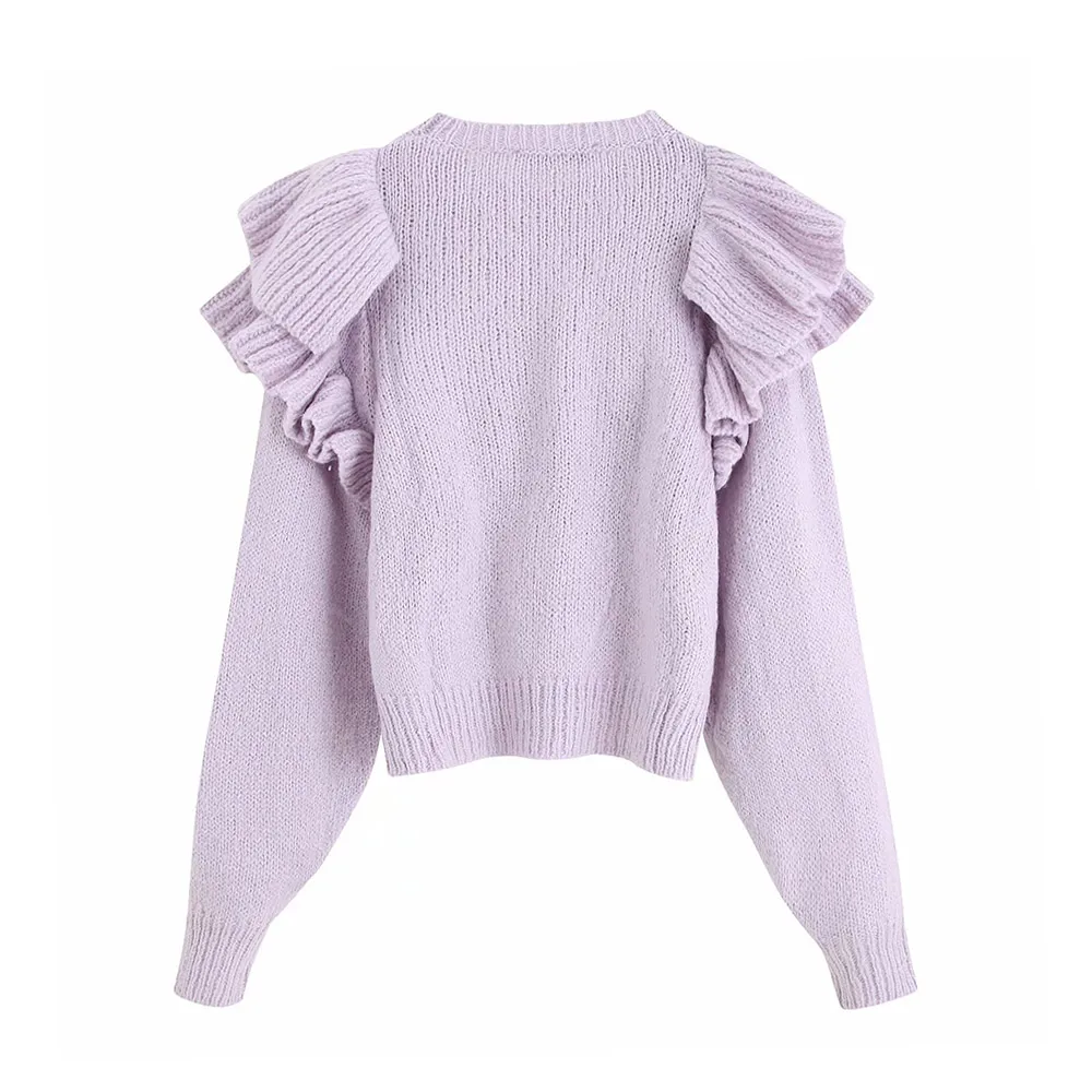 Стильный короткий вязаный женский свитер с оборками 2019 модные милые пуловеры