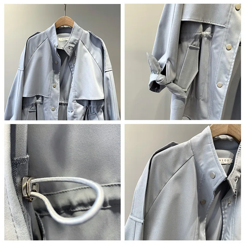 

2020 Fashion Trench Coat Female Autumn Windbreaker Drawstring Casual Loose Safari Clothes Stand Collar Spring Women Short Trench