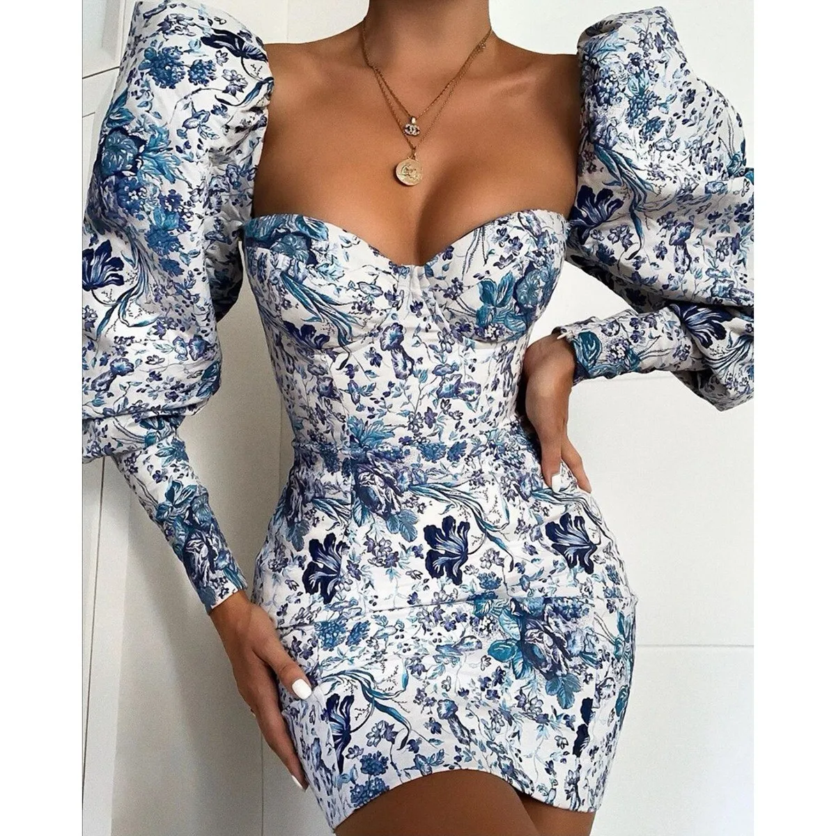 

Floral Print Vintage Blue Bodycon Puff Sleeve Mini Square Collar Dresses Ladies Evening Elegant Dresses Vestidos For Women