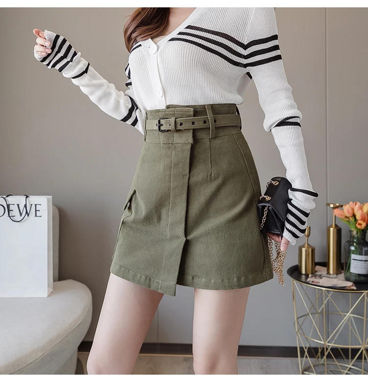 Trytree Autumn Women Casual Empire Short Skirt 5 Colour A-line Fashion Elegant Pockets Button Belt Mini Office Lady Short Skirt