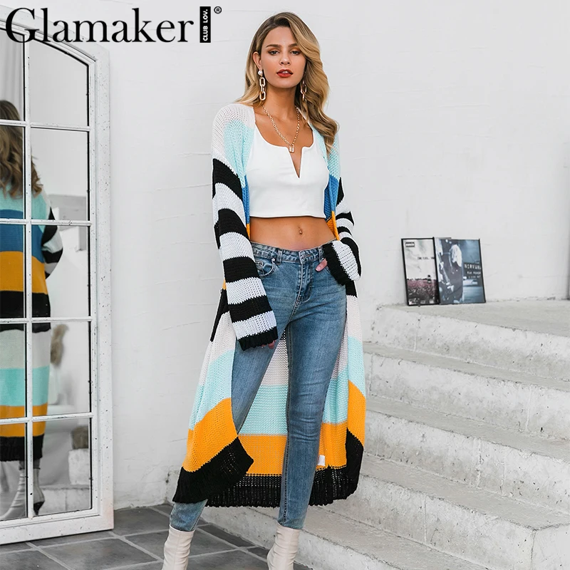 Glamaker вязаный Цветной полосатый длинный кардиган, женская модная уличная одежда, осенняя верхняя одежда, свитер, Женский Повседневный Кардиган-пальто