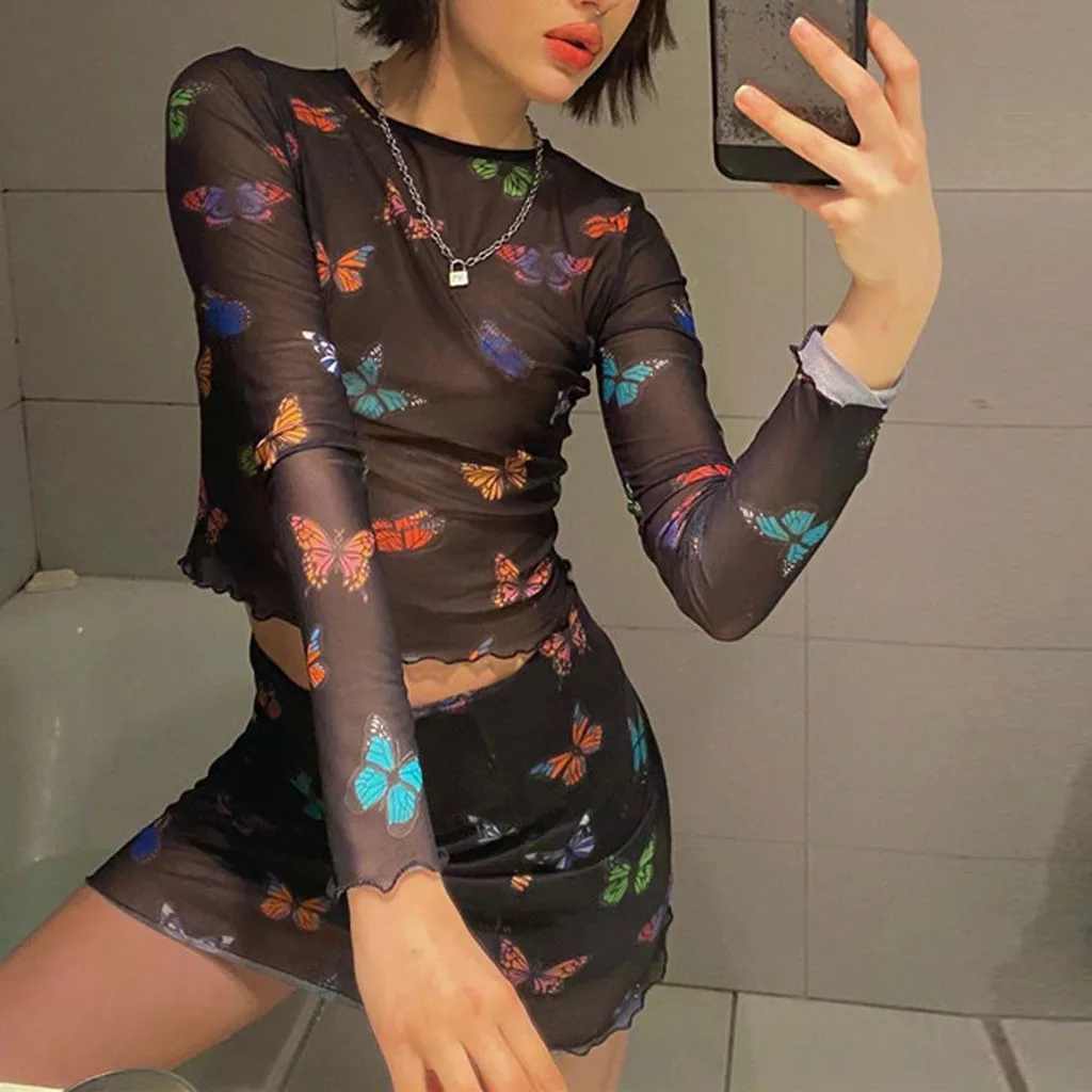 Женская летняя прозрачная сетчатая рубашка с принтом бабочки Модная приталенная