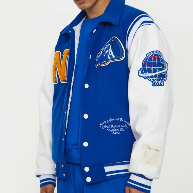 

Neutrals Blue Varsity Bomber Jacket Man Contrast Sleeve PU Leather Coats Embroidery Jaded Casual London Baseball Jackets Women