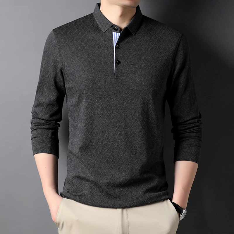 

Рубашка-поло для мужчин среднего возраста, осенняя хлопковая рубашка с длинным рукавом, однотонные деловые повседневные топы с лацканами, о...