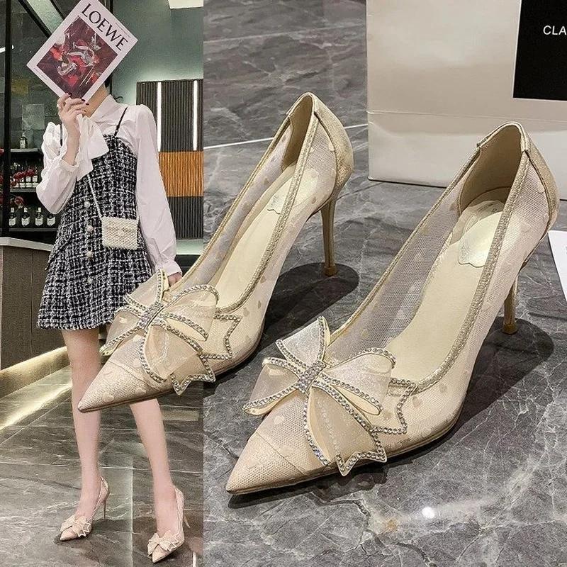 

Pumps Women's Shoes Ladies Pointed Toe Fashion Thin Heels Pumps Fashion Butterfly-Knot Crystal High Heel Shoes Woman Felmale