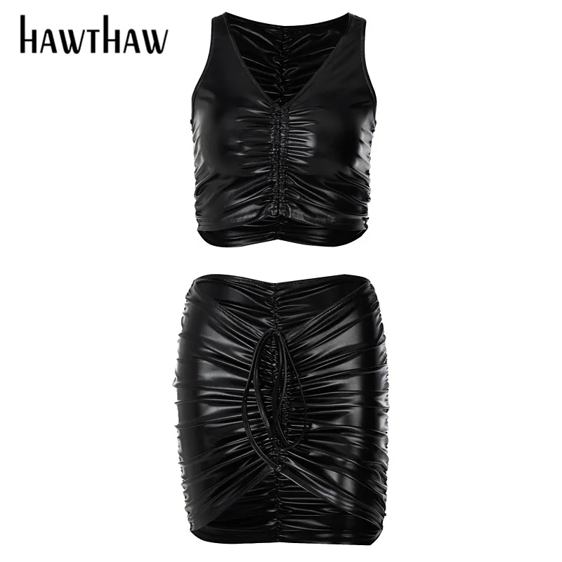 

Hawthaw Women Summer Sexy Party Club Pu Leather Tank Tops Package Hip Mini Skirt Two Pieces Set 2021 Female Clothing Streetwear