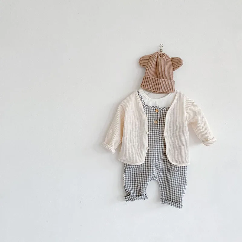 

MILANCEL 2022 Spring Baby Clothes Suits Toddler Overall White Blouse Knit Cardigans 3 Pcs Suit