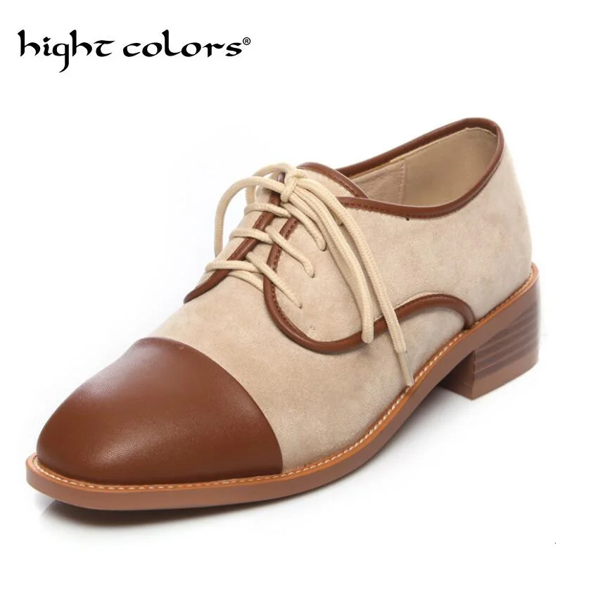 

Womens Vogue Contract Color Suede Stitching Lace Up Oxford Brogue Shoes Plus Size College Style Thick Heel Female Derby Shoes