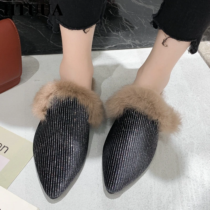 HTUUA/пушистые меховые тапочки женские теплые плюшевые шлепанцы на плоской подошве
