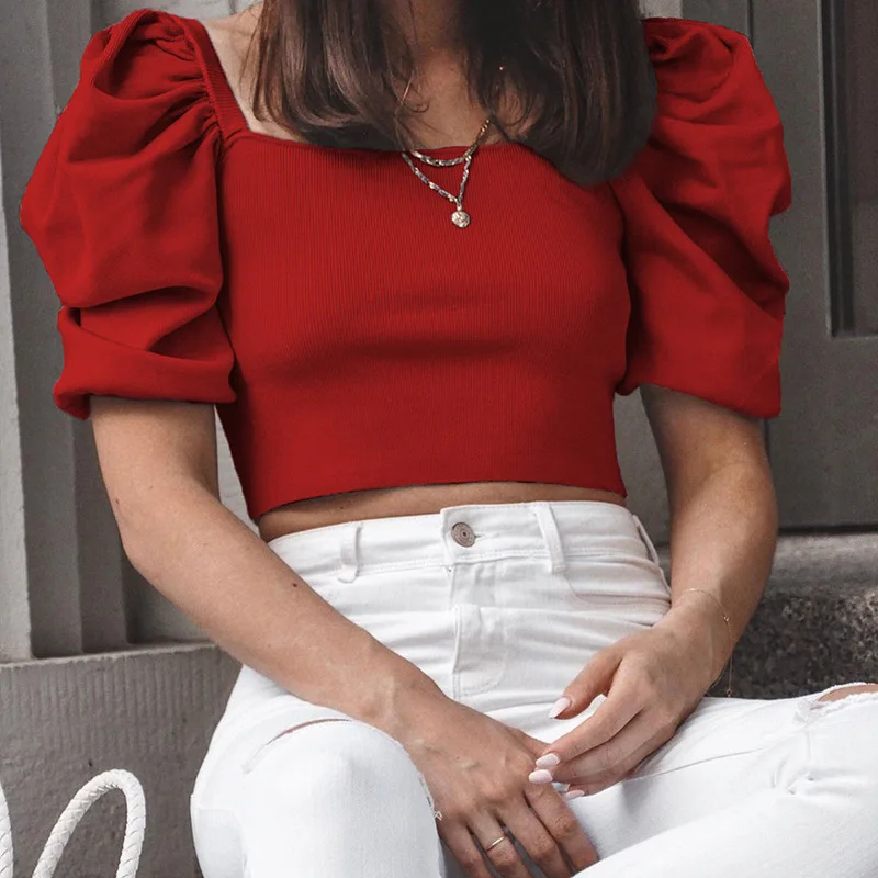 Винтажная Однотонная футболка в рубчик с пышными рукавами женский новый стиль 2020